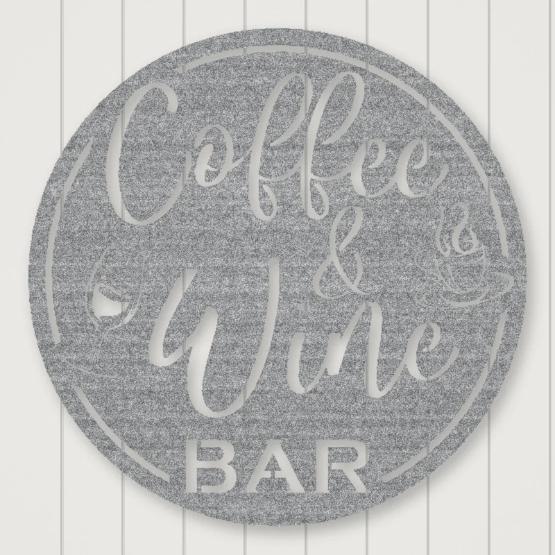 Coffee & Wine Bar Round Metal Wall Sign Raw Steel / Rust animated finish preview Shopify Ready.