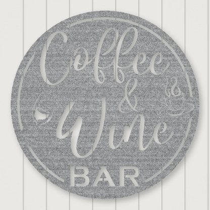 Coffee & Wine Bar Round Metal Wall Sign Raw Steel / Rust animated finish preview Shopify Ready.