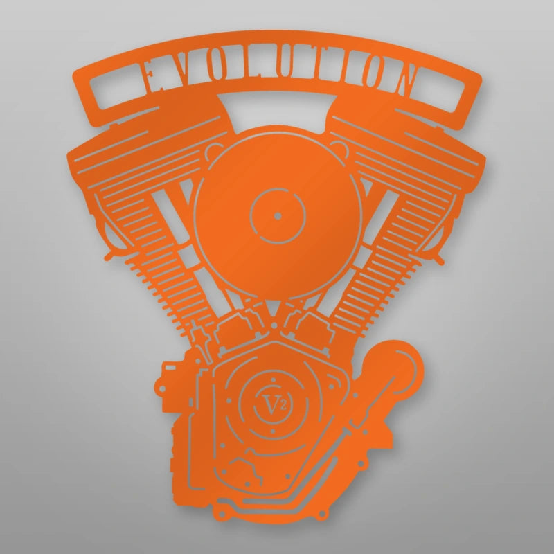 Evolution Engine Metal Garage Sign shown in Orange powder coat finish.