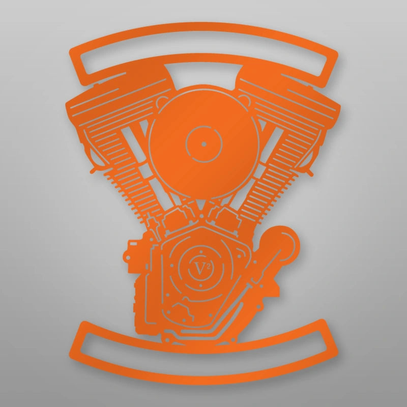 Personalized Evolution Engine Metal Garage Sign shown in Orange powder coat finish.