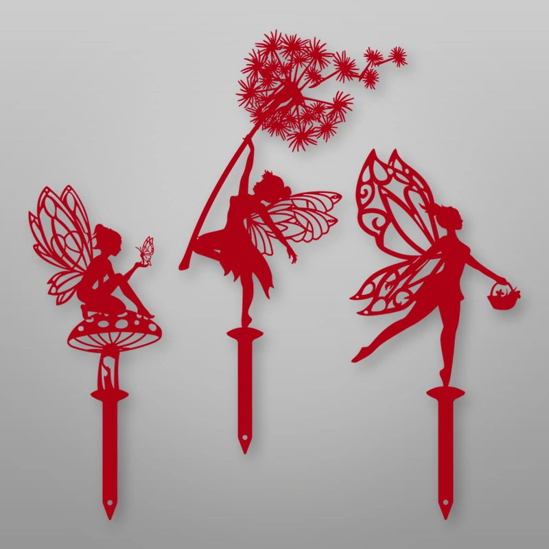 Enchanting Steel Garden Fairies On Stakes shown in Gloss Red powder coat finish.