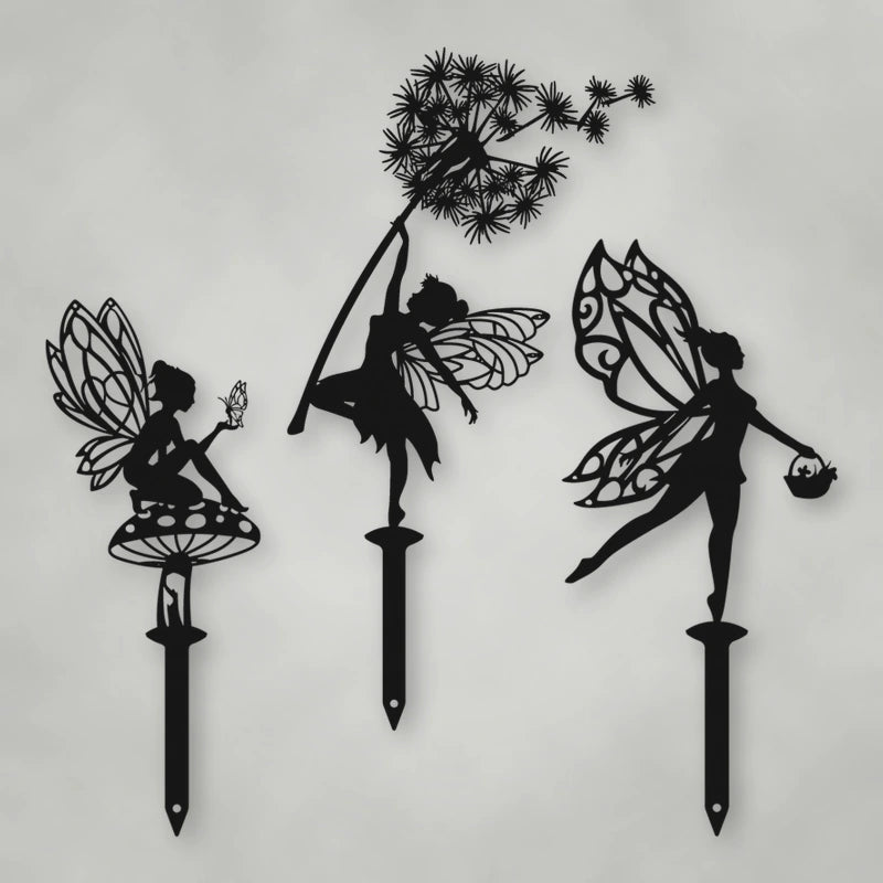 Enchanting Steel Garden Fairies On Stakes shown in Matte Black powder coat finish.