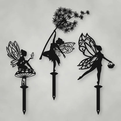 Enchanting Steel Garden Fairies On Stakes shown in Matte Black powder coat finish.