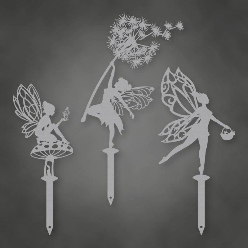 Enchanting Steel Garden Fairies On Stakes shown in Metallic Silver powder coat finish.