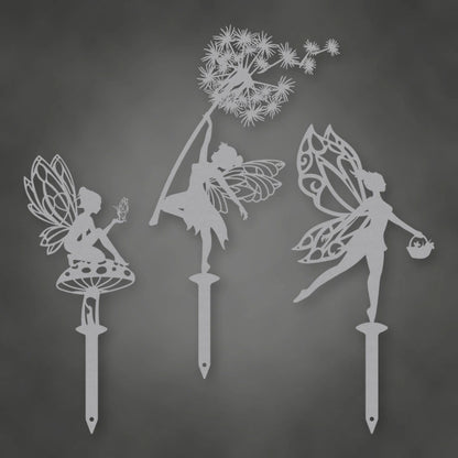 Enchanting Steel Garden Fairies On Stakes shown in Metallic Silver powder coat finish.
