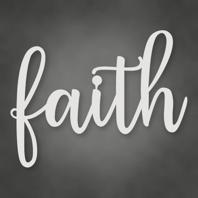 Faith Script Metal Sign shown in Gloss White powder coat finish.