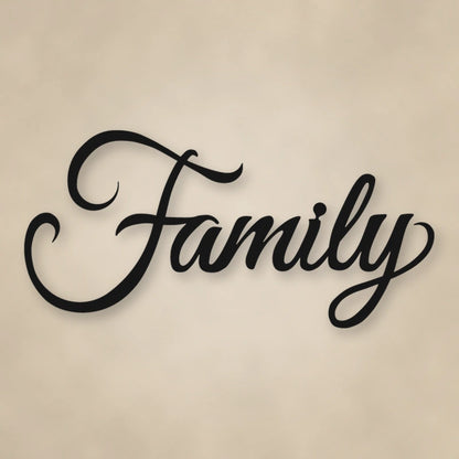 Family Script Metal Sign shown in Matte Black powder coat finish.