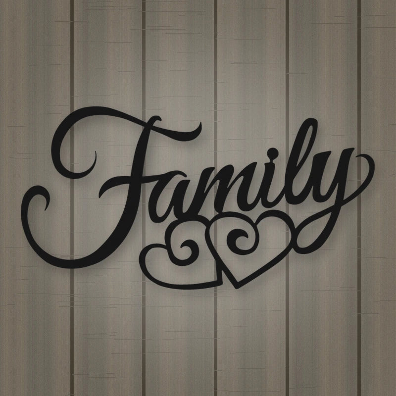 Family Script With Hearts shown in Matte Black powder coat finish.