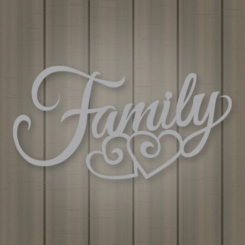 Family Script With Hearts shown in Metallic Silver powder coat finish.