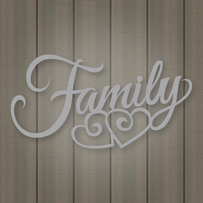 Family Script With Hearts shown in Metallic Silver powder coat finish.