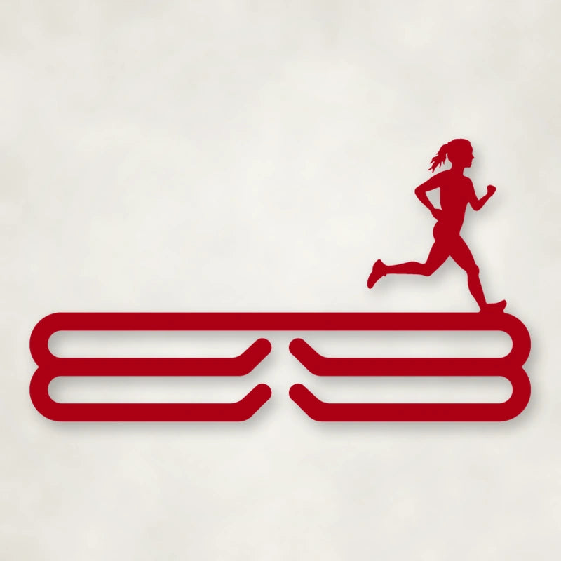 Female Runner Silhouette Medal Rack shown in Gloss Red powder coat finish.
