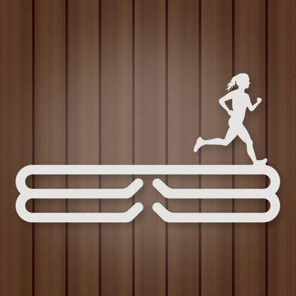 Female Runner Silhouette Medal Rack shown in Gloss White powder coat finish.