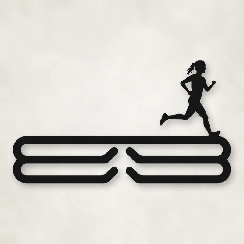 Female Runner Silhouette Medal Rack shown in Matte Black powder coat finish.