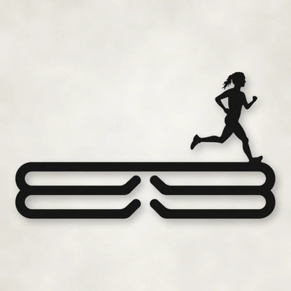 Female Runner Silhouette Medal Rack shown in Matte Black powder coat finish.