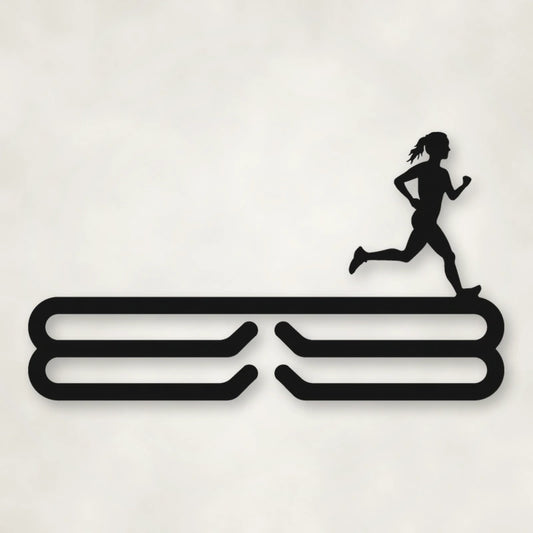 Female Runner Silhouette Medal Rack shown in Matte Black powder coat finish.