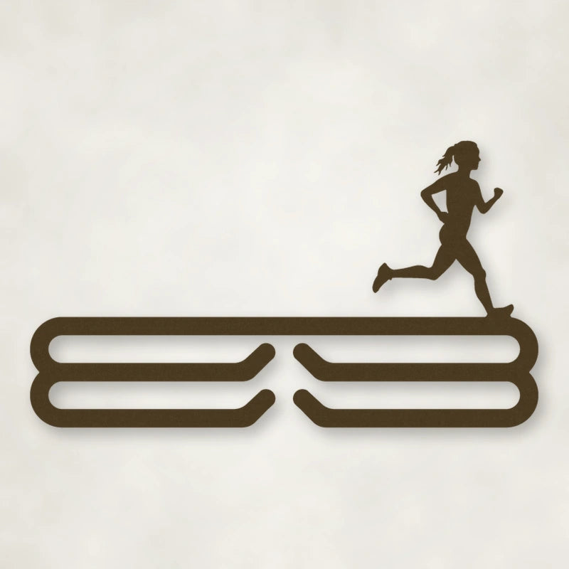 Female Runner Silhouette Medal Rack shown in Metallic Bronze powder coat finish.