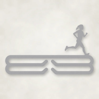 Female Runner Silhouette Medal Rack shown in Metallic Silver powder coat finish.