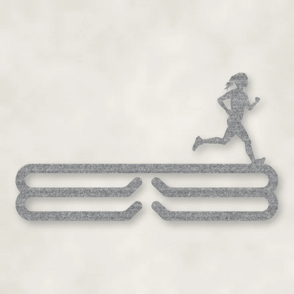 Female Runner Silhouette Medal Rack Raw Steel / Rust animated finish preview Shopify Ready.