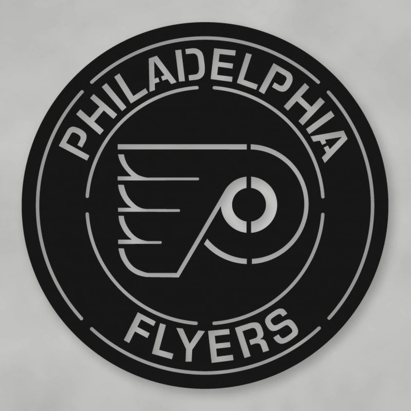 Flyers Logo Round Metal Sign shown in Matte Black powder coat finish.