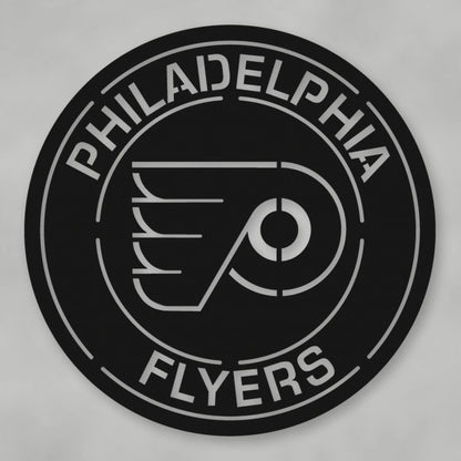 Flyers Logo Round Metal Sign shown in Matte Black powder coat finish.