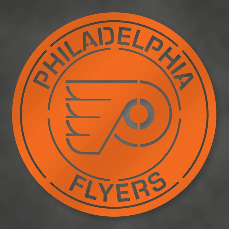 Flyers Logo Round Metal Sign shown in Orange powder coat finish.