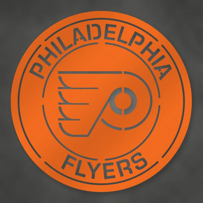Flyers Logo Round Metal Sign shown in Orange powder coat finish.