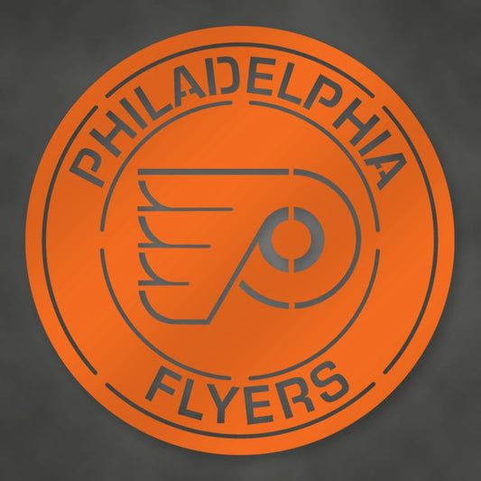 Flyers Logo Round Metal Sign shown in Orange powder coat finish.