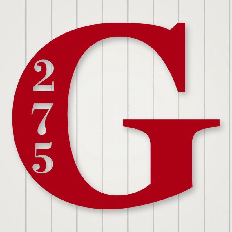 Personalized Initial Address Metal Sign shown in Gloss Red powder coat finish.