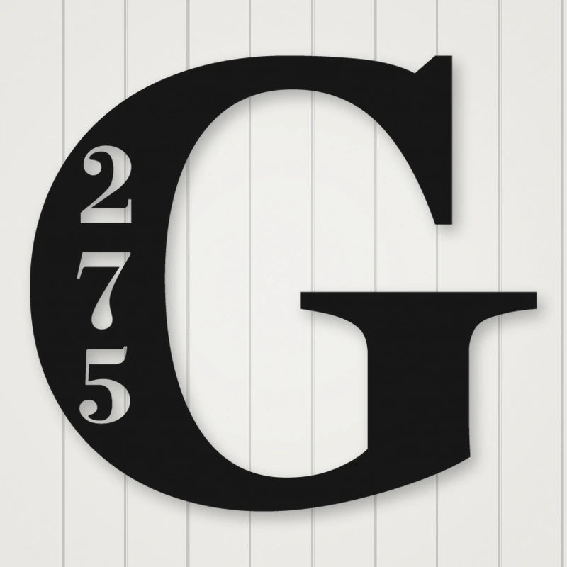 Personalized Initial Address Metal Sign shown in Matte Black powder coat finish.
