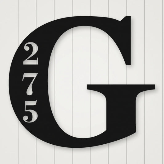 Personalized Initial Address Metal Sign shown in Matte Black powder coat finish.