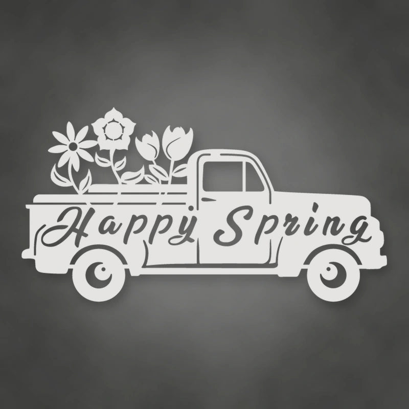Happy Spring Truck Metal Sign shown in Gloss White powder coat finish.