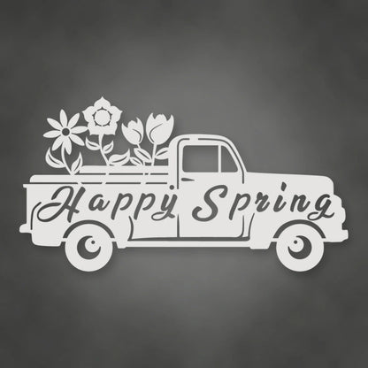 Happy Spring Truck Metal Sign shown in Gloss White powder coat finish.