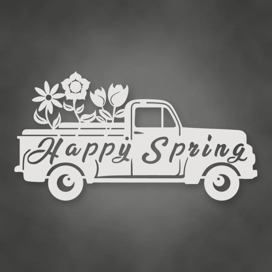 Happy Spring Truck Metal Sign shown in Gloss White powder coat finish.