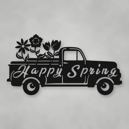 Happy Spring Truck Metal Sign shown in Matte Black powder coat finish.
