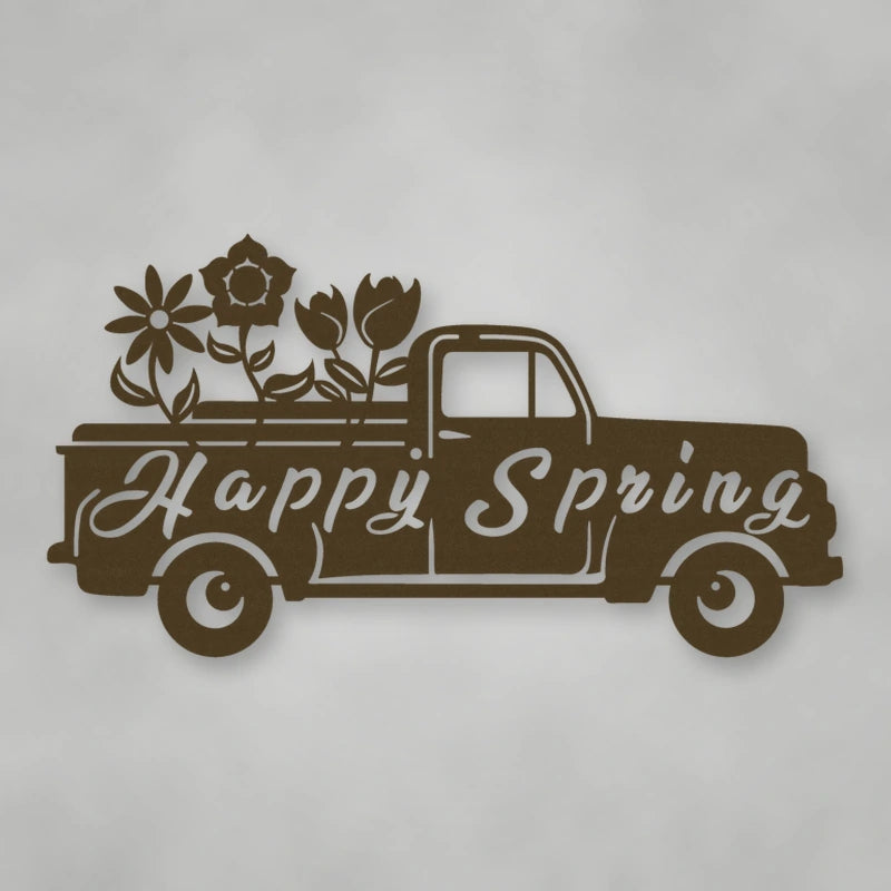 Happy Spring Truck Metal Sign shown in Metallic Bronze powder coat finish.