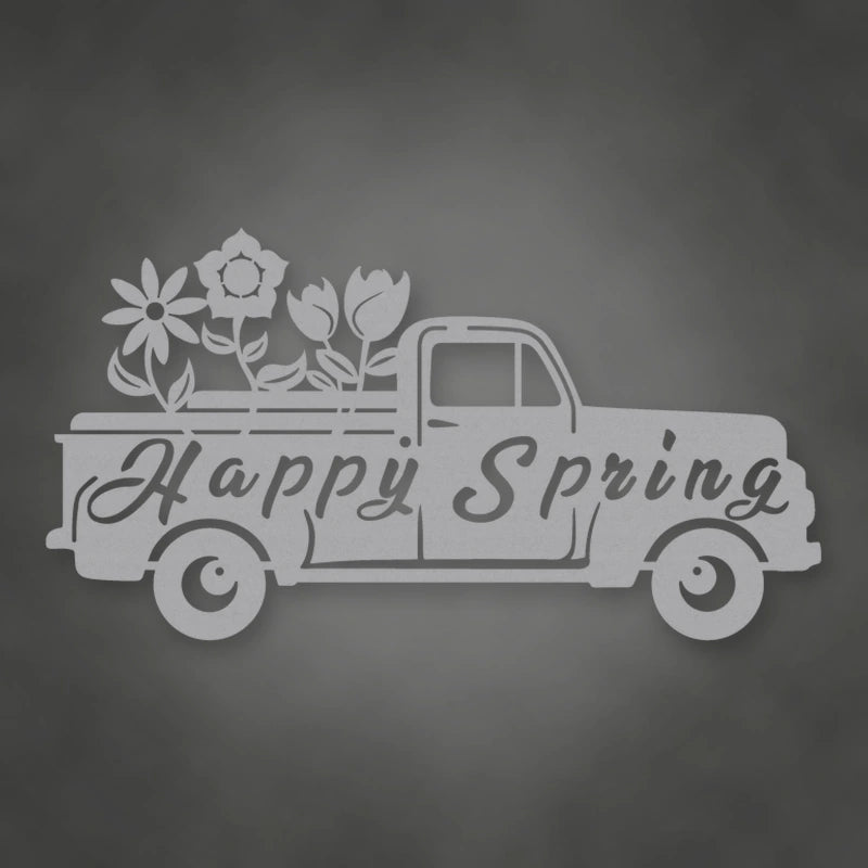Happy Spring Truck Metal Sign shown in Metallic Silver powder coat finish.