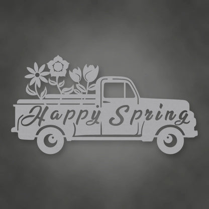 Happy Spring Truck Metal Sign shown in Metallic Silver powder coat finish.