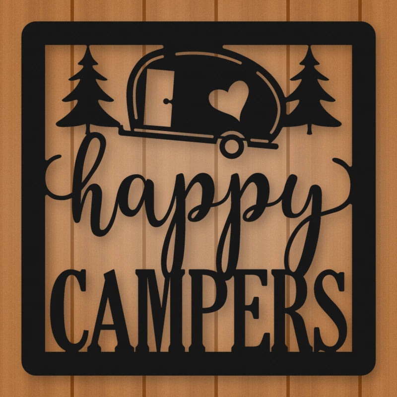 Happy Campers Square Metal Sign shown in Matte Black powder coat finish.