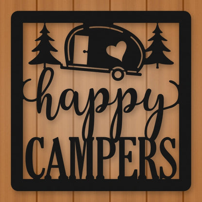 Happy Campers Square Metal Sign shown in Matte Black powder coat finish.