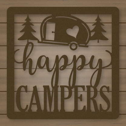 Happy Campers Square Metal Sign shown in Metallic Bronze powder coat finish.