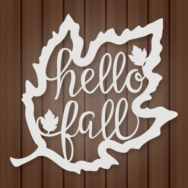 Hello Fall Leaf Metal Sign shown in Gloss White powder coat finish.