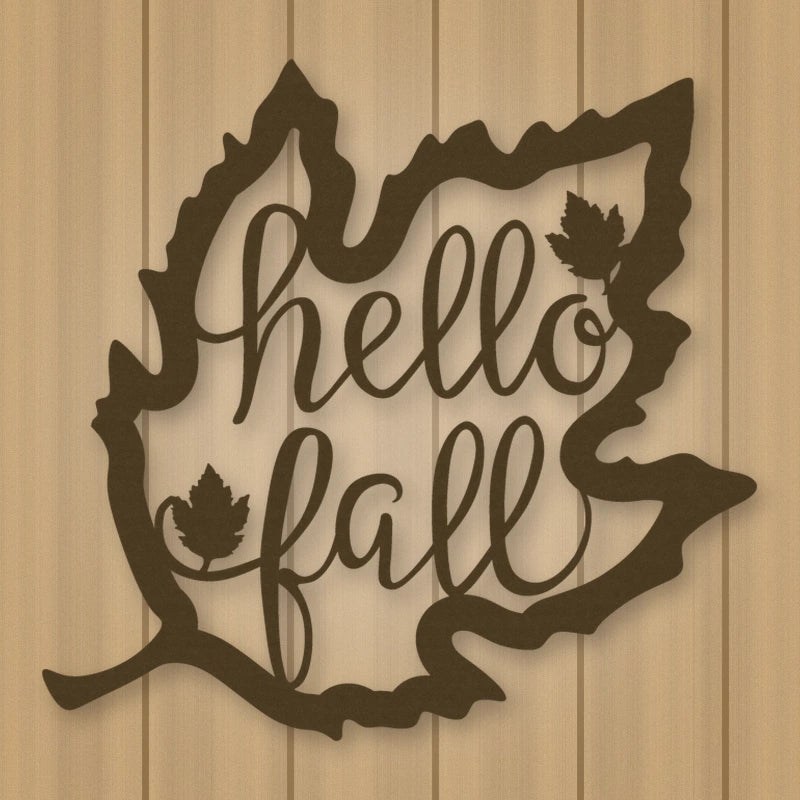 Hello Fall Leaf Metal Sign shown in Metallic Bronze powder coat finish.