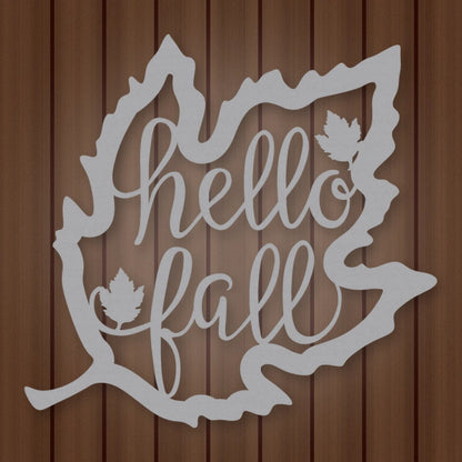 Hello Fall Leaf Metal Sign shown in Metallic Silver powder coat finish.