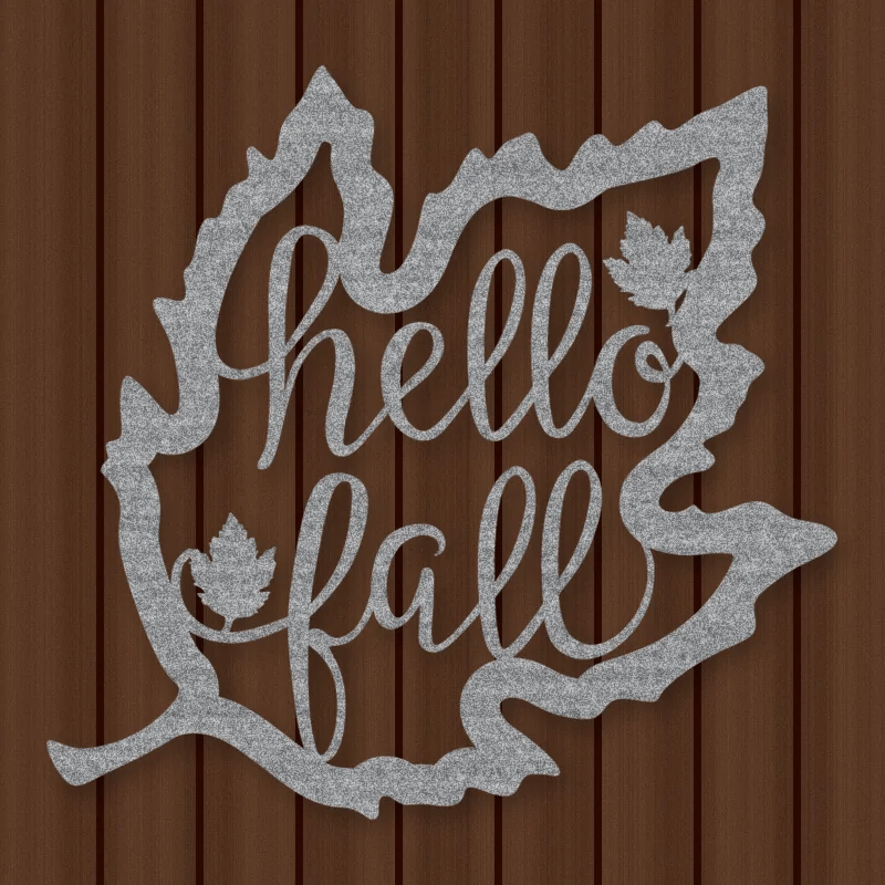 Hello Fall Leaf Metal Sign Raw Steel / Rust animated finish preview Shopify Ready.