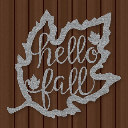 Hello Fall Leaf Metal Sign Raw Steel / Rust animated finish preview Shopify Ready.