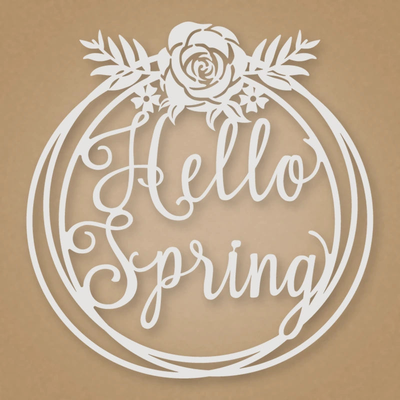 Hello Spring Metal Sign shown in Gloss White powder coat finish.