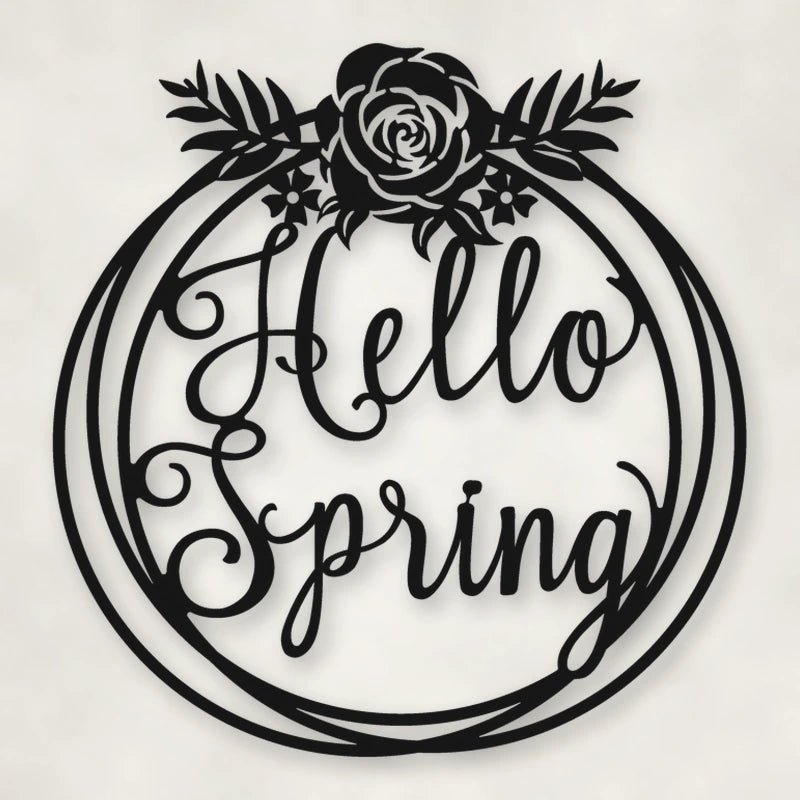 Hello Spring Metal Sign shown in Matte Black powder coat finish.