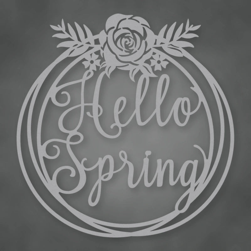 Hello Spring Metal Sign shown in Metallic Silver powder coat finish.