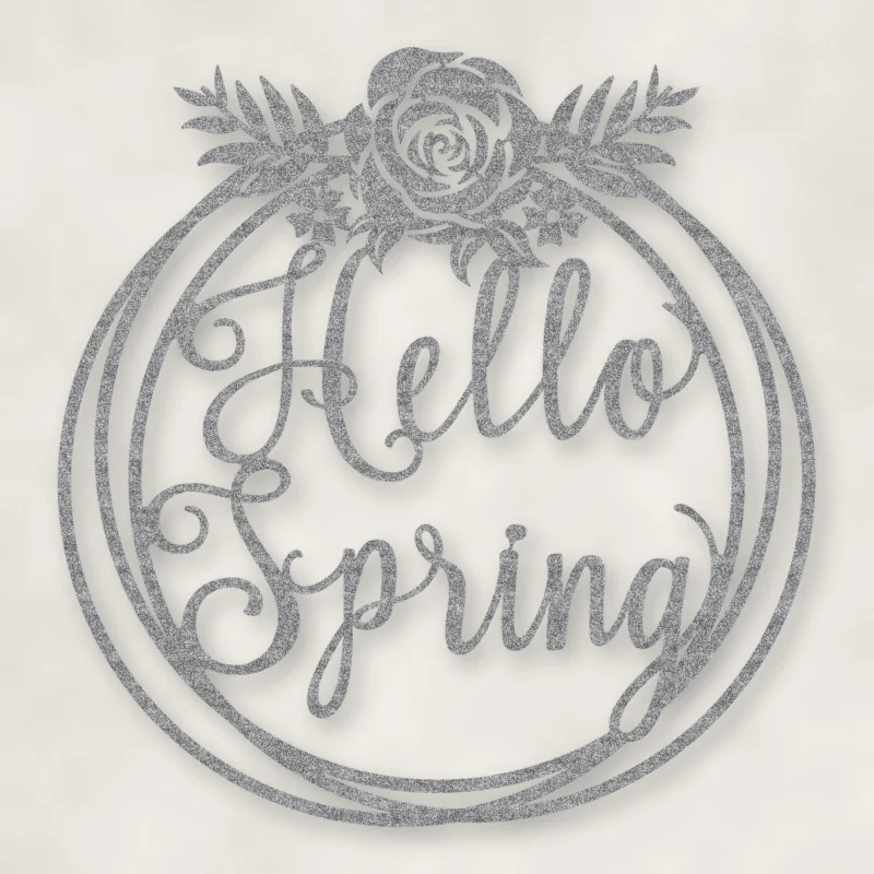 Hello Spring Metal Sign Raw Steel / Rust animated finish preview Shopify Ready.
