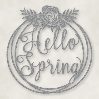 Hello Spring Metal Sign Raw Steel / Rust animated finish preview Shopify Ready.